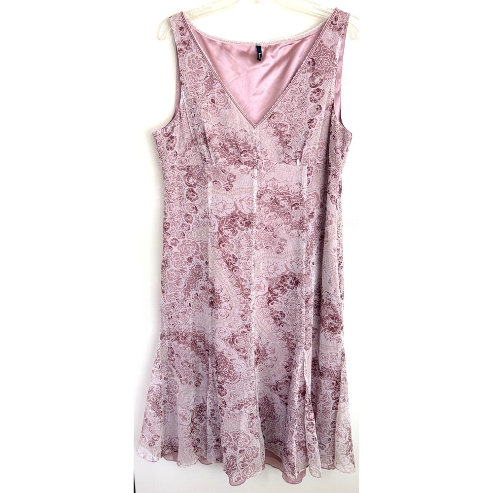 Tahari Dress Womens 14 Pink Silk Floral Sleeveless V Neck Midi Fit Flare Belted